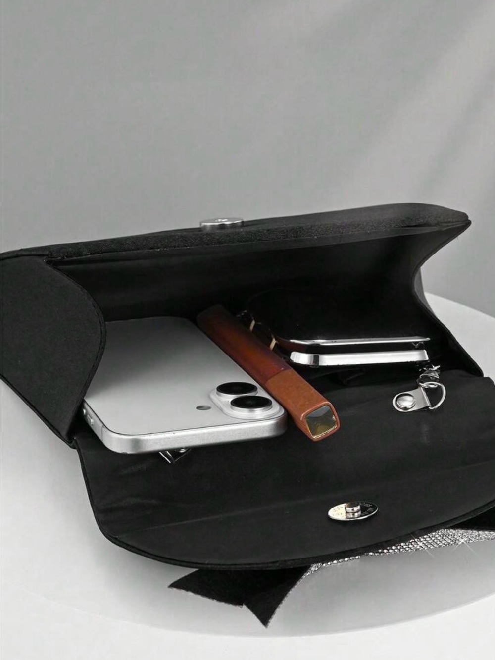 Black Crystal Bow Top-Handle Clutch - Picture 5 of 7